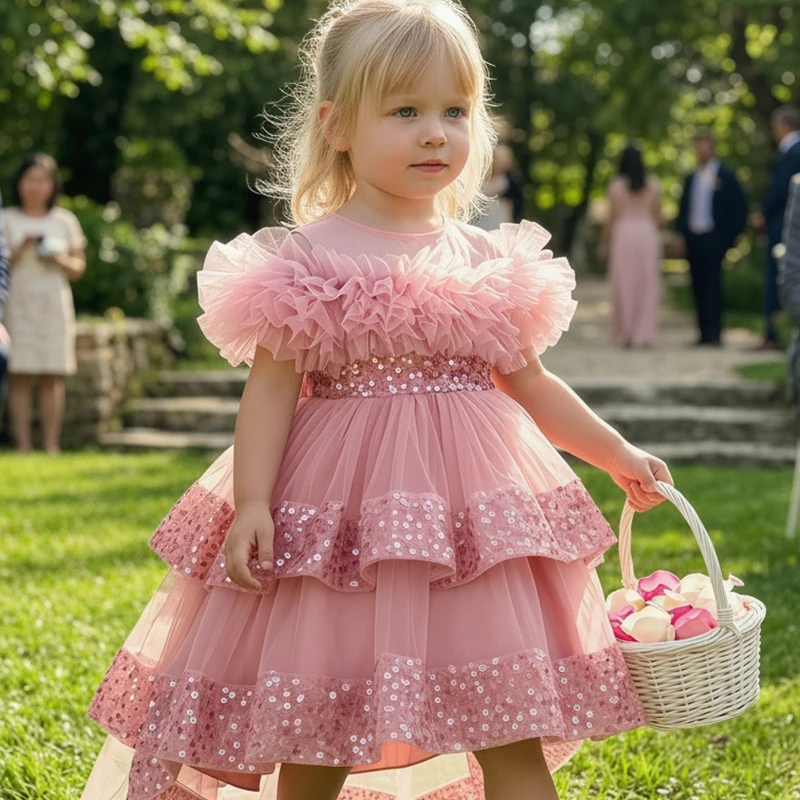 2026Princess Dress Costume Elegant Kids Sweep Train Gown Fashion Sequin Flower Girl Pageant Party Outfit Children Girls Tulle