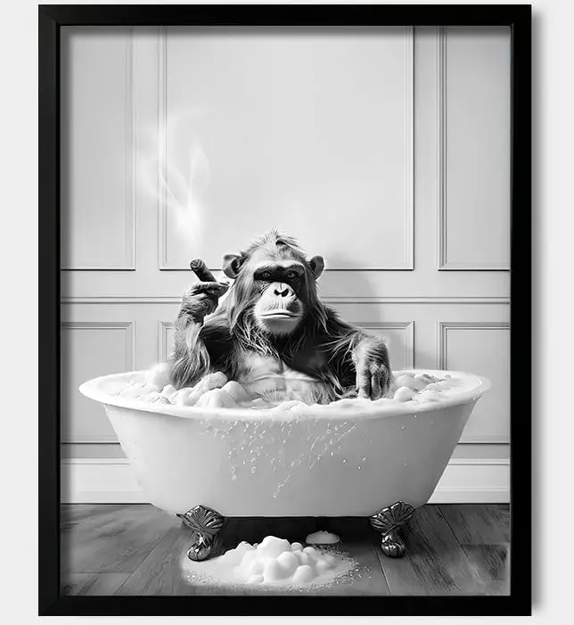 Funny Monkey Bath Tub Canvas Print, Black White Chimp Smoking Cigar Art, Unique Humorous Bathroom Wall Decor