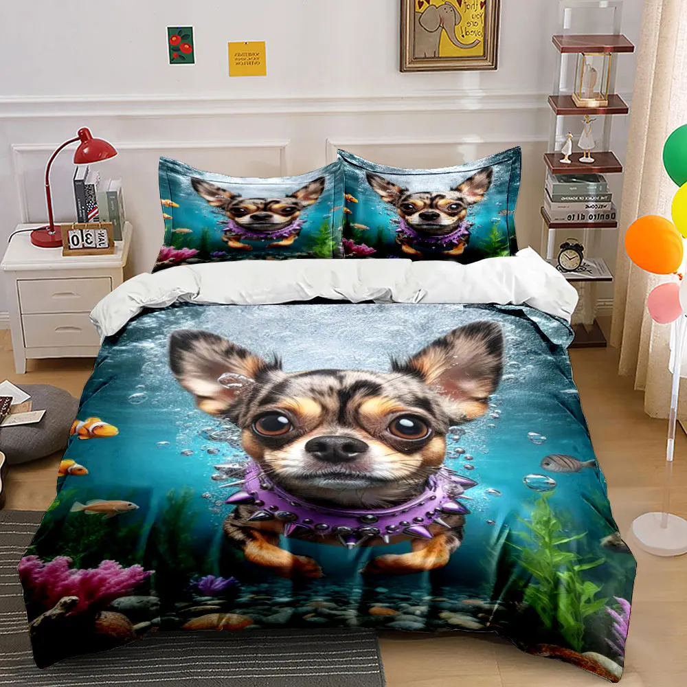 "Underwater Dog Themed Decor Set" Bedding Set with 1 Duvet Cover 2 Pillowcases Single Double King Queen, Gift