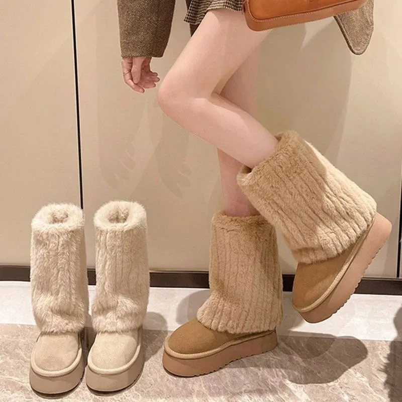 Botas de nieve cálidas para mujer, modelo nuevo de invierno, botas de calcetín versátiles y a la moda, botas de felpa con puntera cerrada, cálidas, de tacón medio, casuales, para el agua, zapatos de felpa.