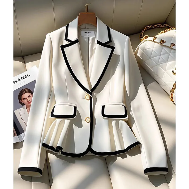 LadiesFashion New Retro Suit Jacket Female Design Sense High-End Joker Fashion Waist Small Suit Button V-neck Unique Simple Coat