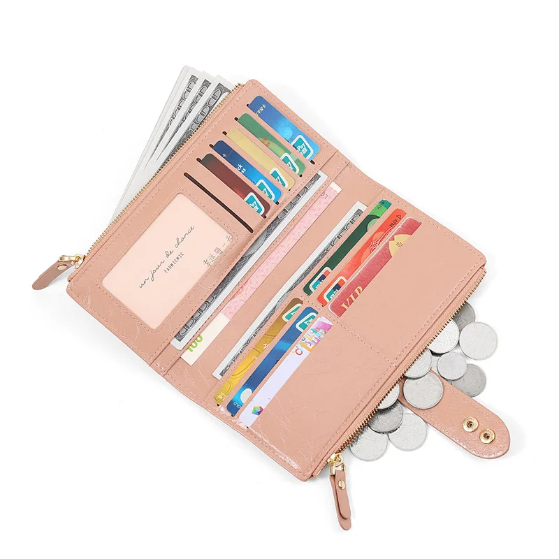 Fashionable2025 Lange Leder Geldbörse für Frauen Große Kapazität Bifold Doppel-reißverschluss Handheld Silber Geld Geldbörse Großhandel