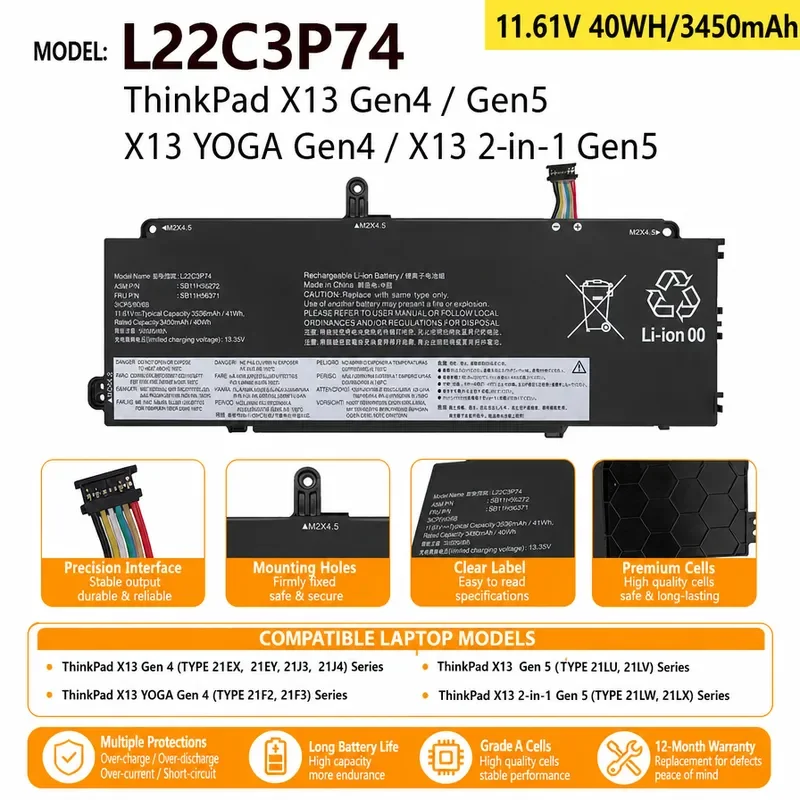 Suitable for Lenovo ThinkPad X13 Gen 4 Gen 5 2-in-1 L22C3P74 notebook battery