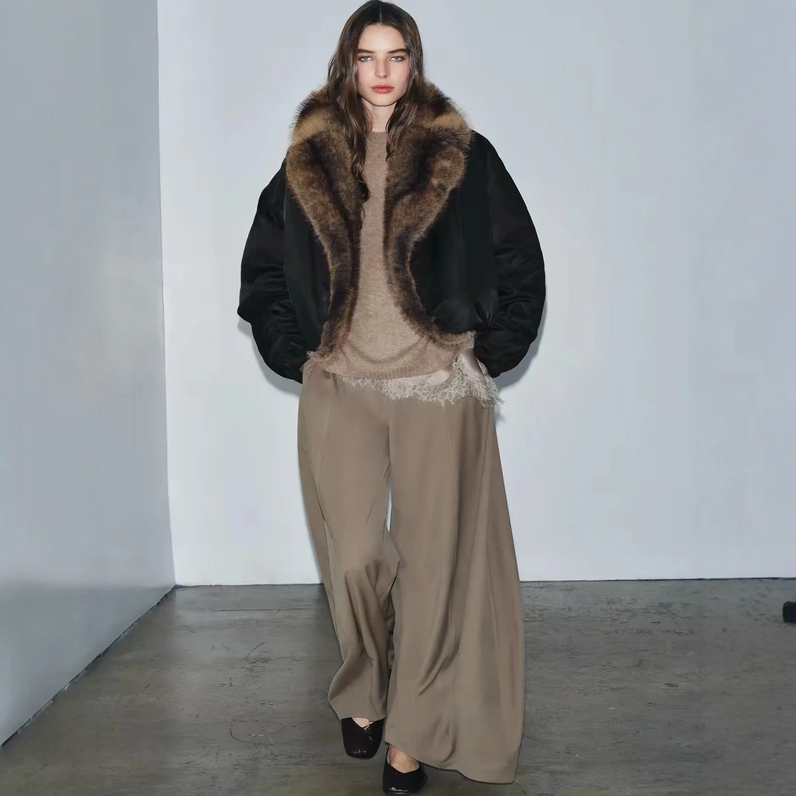 Women Faux Fur Parkas Coats Solid Overcoats Turn Down Collar Long Sleeves Thick Loose Fit Office Lady Casual 2026 Autumn Winter