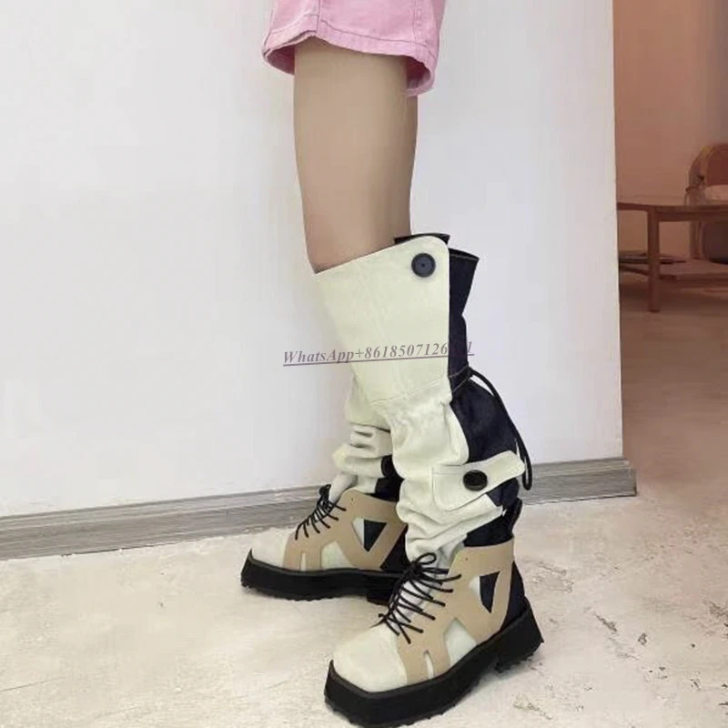 Over-the-knee Boots Women's 2022 New Square Toe Thick Heel Drawstring Stitching Thick-soled Casual Fashion Boots for Women