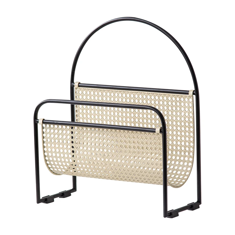 Modern Rattan-Inspired Metal Magazine Rack Minimalist Woven Texture Office Bookshelf Multi-Purpose Storage Organizer