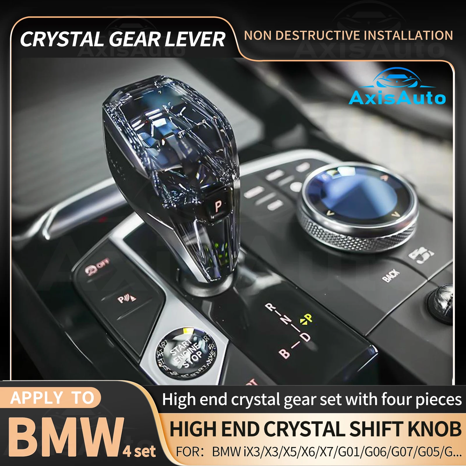 For BMW G20 G21 IX3 G08 X3 G01 X6 G06 G05 X7 G07 X5 Frystal Gear Lever Fully Automatic LED Light 4-piece Set Shift Knob