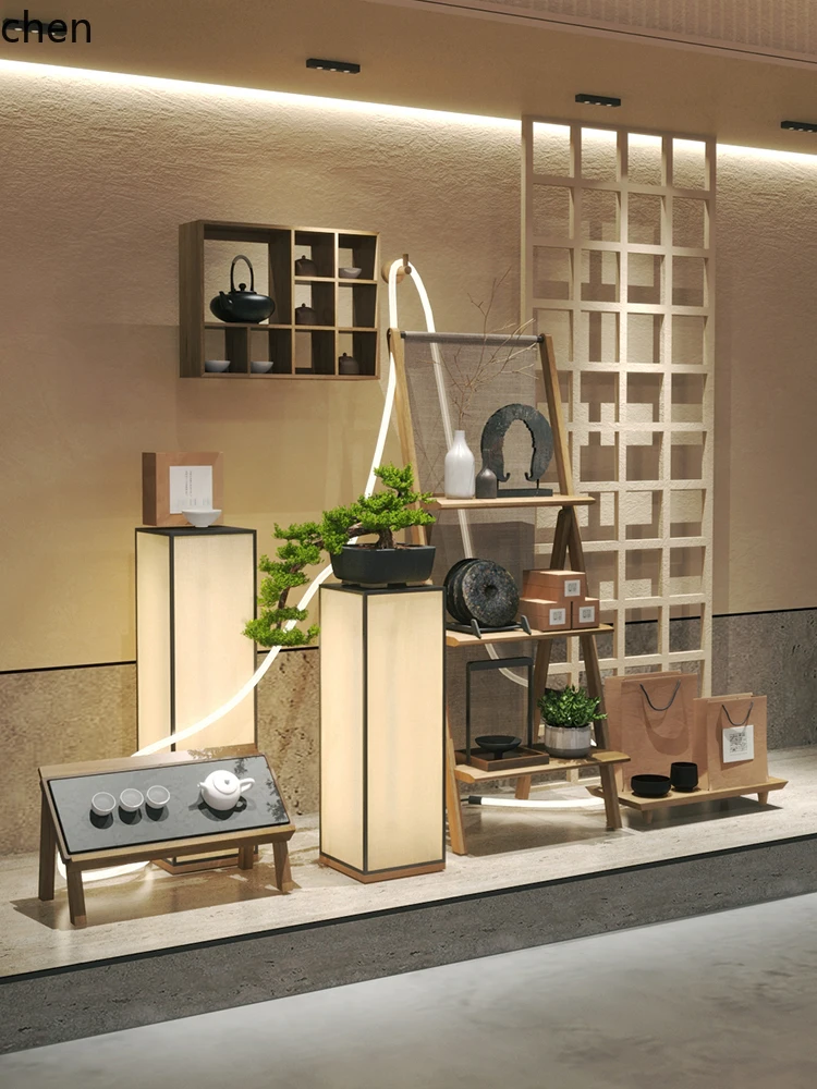 Tea Shop Window Illuminated Display Props Tea Set Ladder Display Combination Rack Mall Center Island Rack