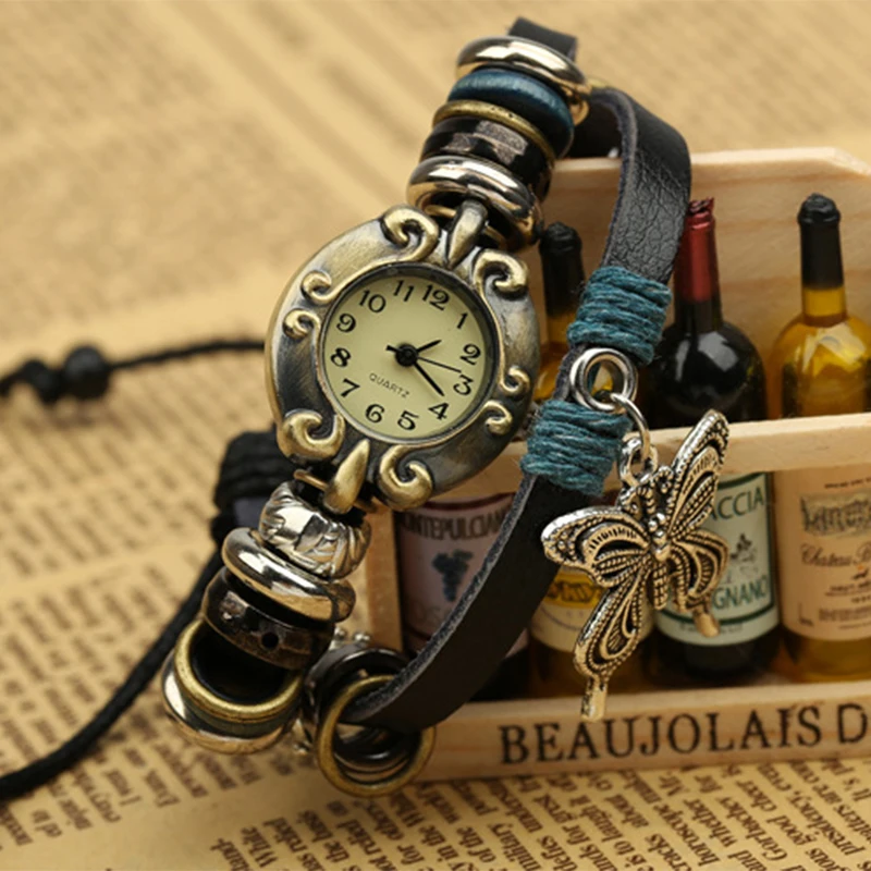 Vintage Women's Quartz Watch - Metal Butterfly Pendant Adjustable Length Bracelet