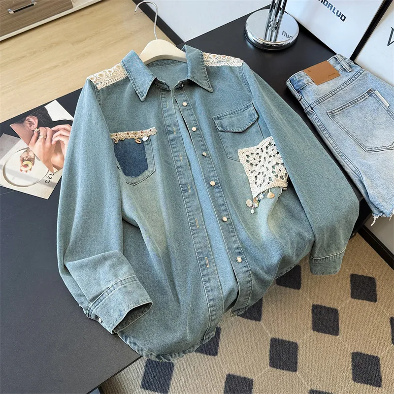 

Осенняя женская модная кружевная лоскутная синяя джинсовая куртка-рубашка, свободные повседневные однобортные женские джинсовые куртки с лацканами и длинными рукавами