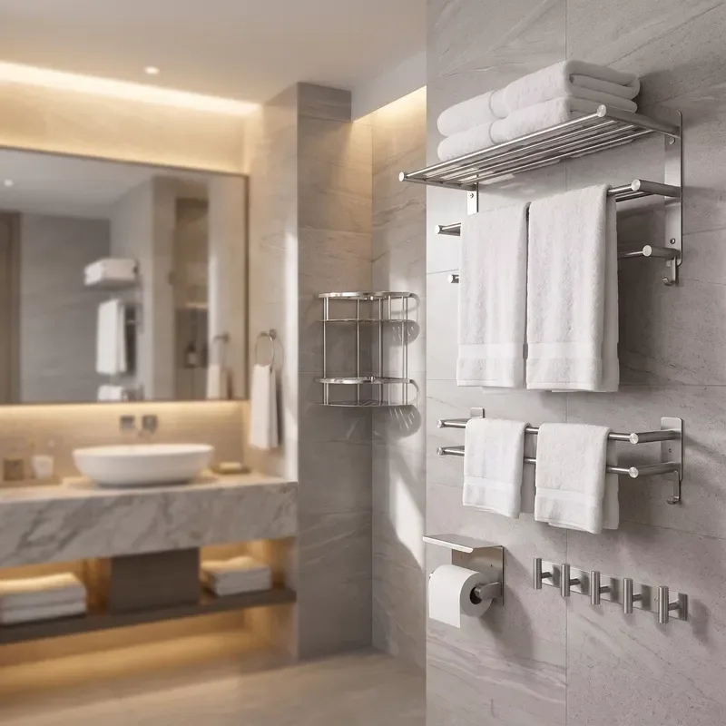 304 Stainless Steel Bathroom Accessories Set 5 Piece Wall Mounted Towel Bar Corner Shelf Paper Holder Hook Rustproof Hardware