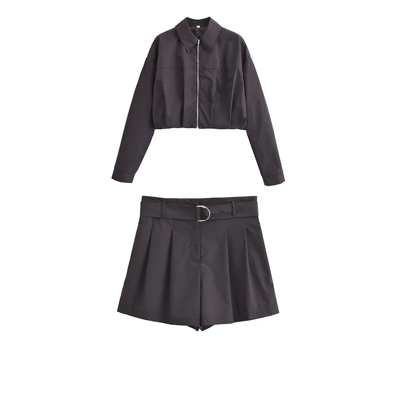 TRAFZA Women 2 Piece Set New Chic Slim Long Sleeve Zipper Rain Jacket Top+Elegant Solid High Waist Belt Decoration Mini Shorts