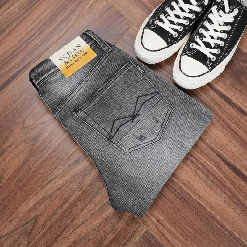 

Classic versatile smoky gray jeans, new autumn men's distressed pants, slim straight fit, comfortable men's wear