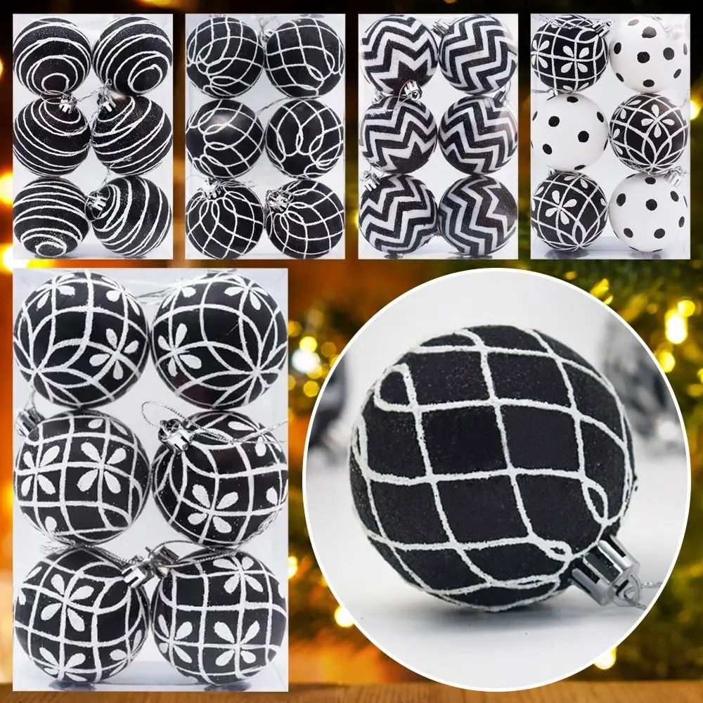 6 uds bolas pintadas a mano bolas de Navidad blanco y negro 6cm colgantes de árbol de Navidad bola colgante redonda decoración fiesta vacaciones decoración del hogar