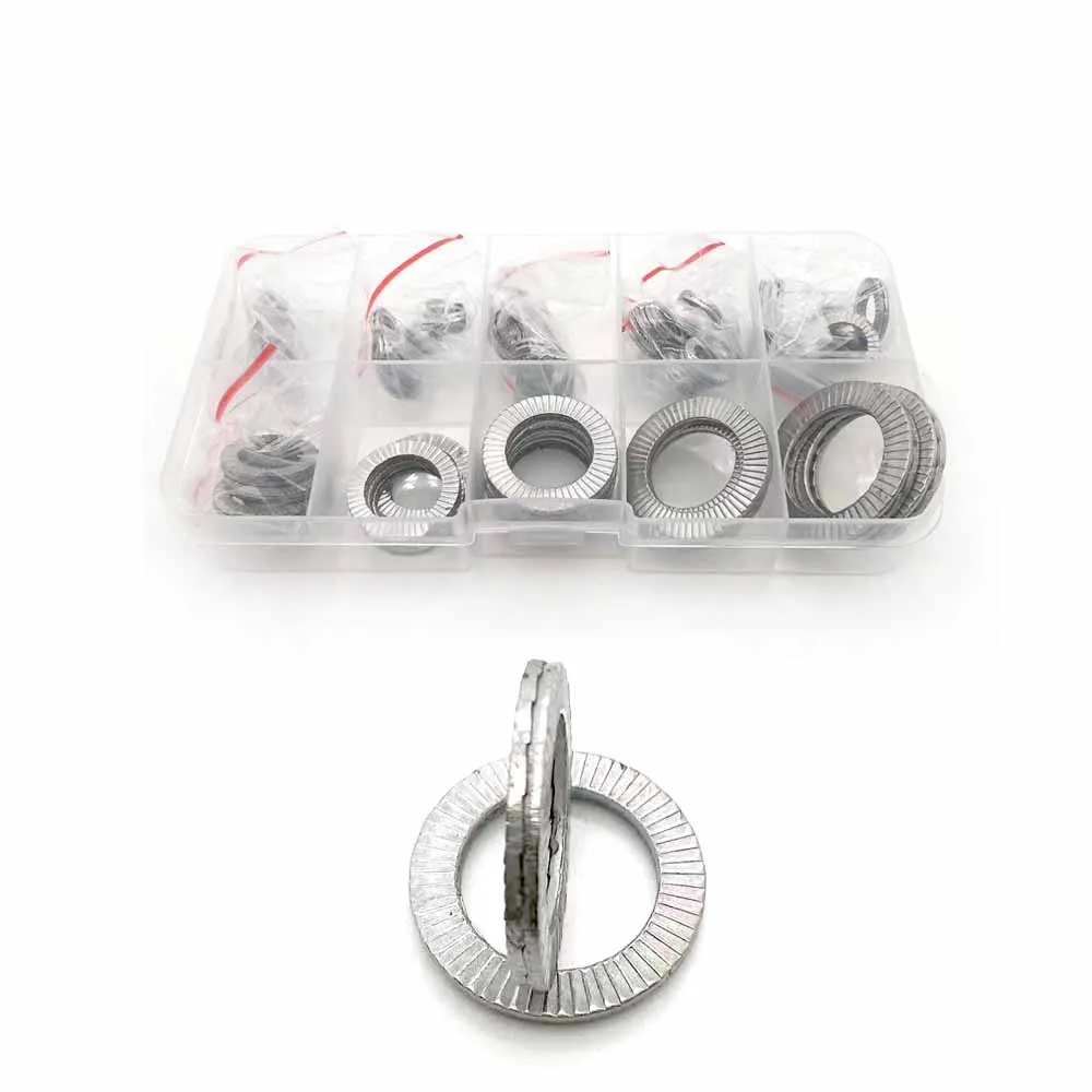 77 pz/set M3 a M18 304 acciaio inossidabile DIN25201 Kit assortimento di guarnizioni antiurto allentate a cuneo autobloccante a doppio ponte