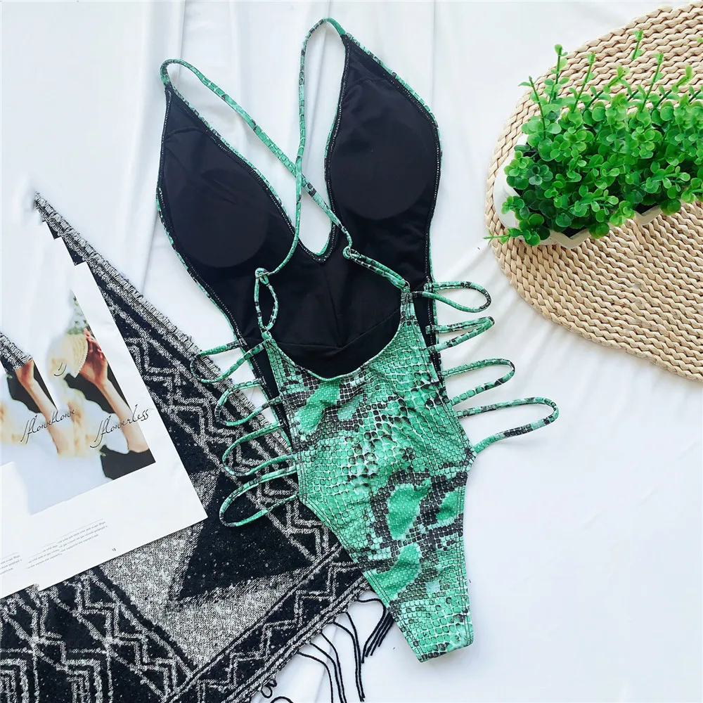 Sexy Snake Print Backless Swimwear One Piece Swimsuits Woman 2025 Hollow Cut Out Monokini String Bathing Swimming Suit Bather image 3