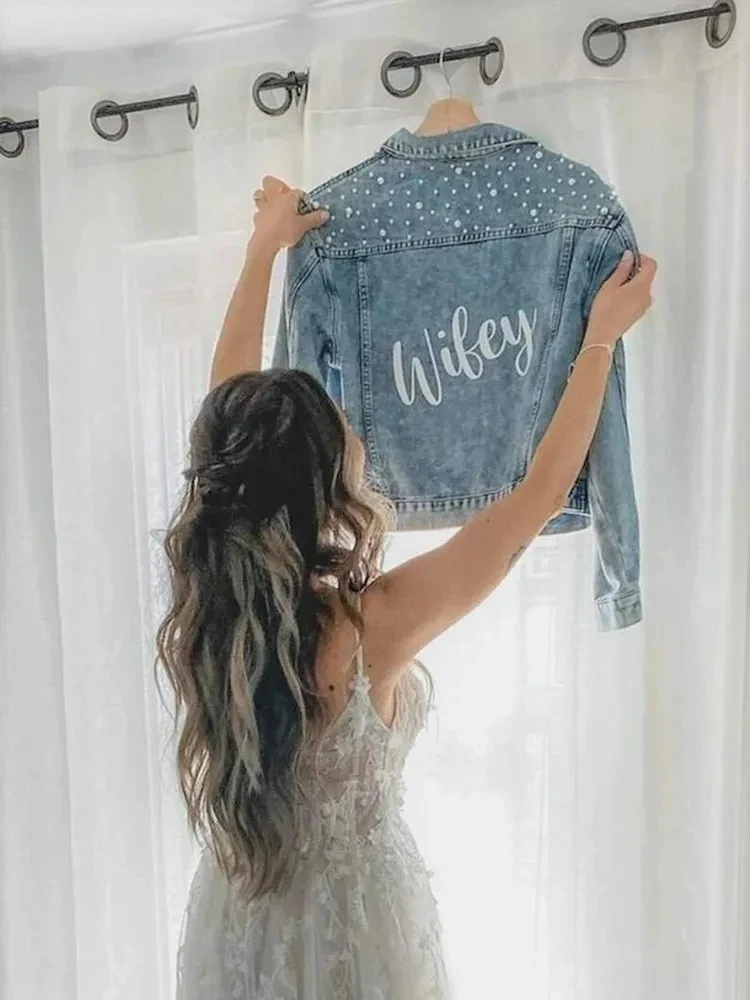 Wifey Pearl Jean Denim Jacket Bridal shower wedding engagement dress Bachelorette hen party fiancée bride to be Future Mrs gift