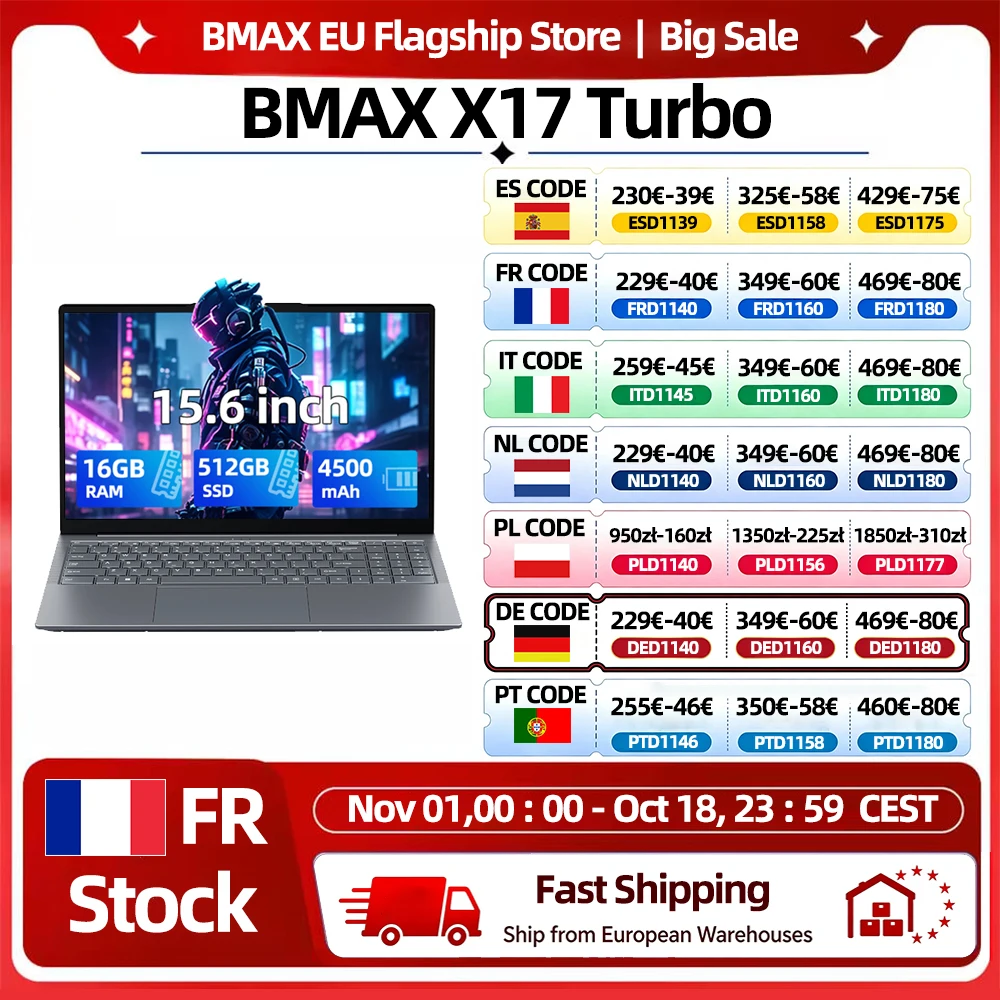 Bmax X17 Turbo, 15,6 inch, 16 GB RAM, 512 GB SSD, processor: Intel Ultra 5 115U, Windows 11 Pro, laptop, 1920*1080, HDMI, wifi, USB, pc-laptop.