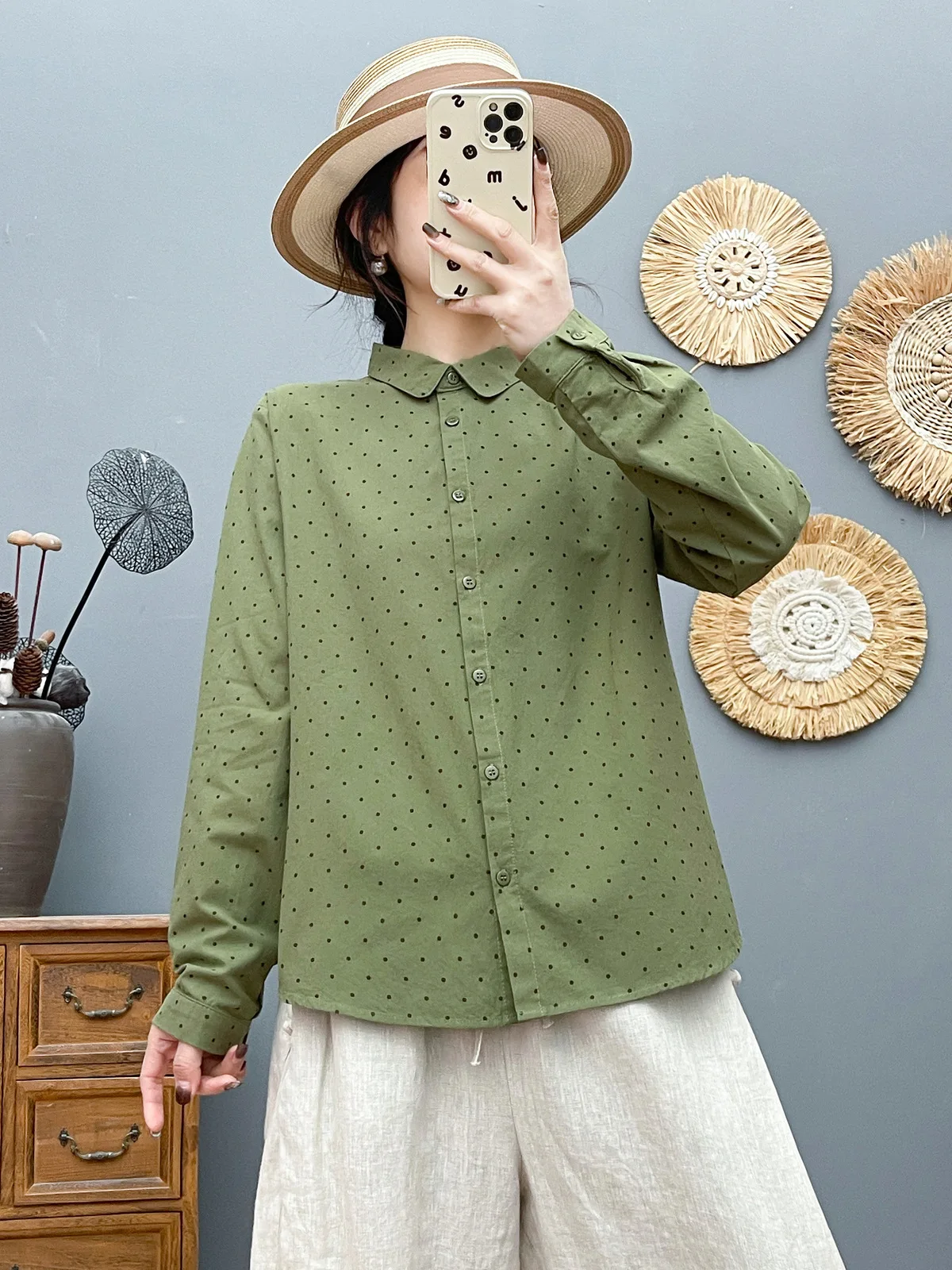 ใหม่2025ฤดูใบไม้ร่วงผ้าฝ้ายเสื้อแขนยาวผู้หญิงTurn-Down Collar Dotพิมพ์, Moriสาวอเนกประสงค์OLเดินทางเสื้อหลวมt57481CC