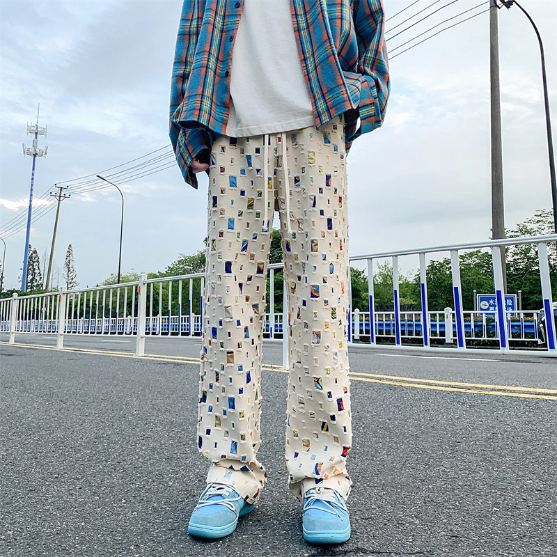 Cotton Casual Pants Men Fashion Colored Plaid Pants Men Streetwear Hip-hop Loose Hollow Out Pants Mens Hole Trousers M-3XL