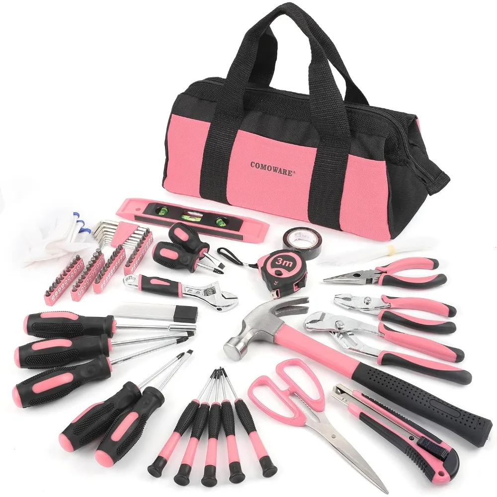 218 Pcs Pink Home Tool Kit, Basic Household Hand Tool Set with Bag, Ladies Hand Tool Kit Women Home