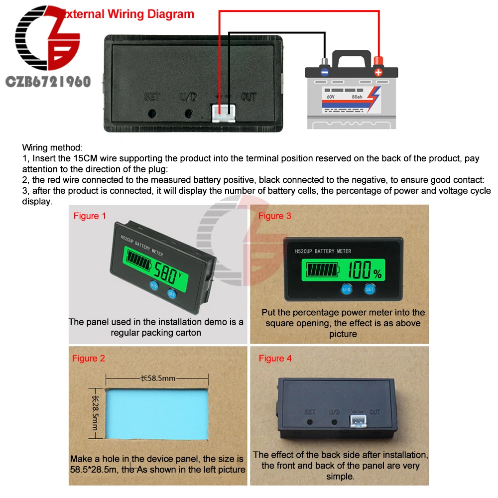 H52 Battery Level Indicator Voltmeter DC 9~90V Lead-acid Battery Lithium Iron Phosphate 12V 24V 36V 72V Battery Capacity Tester