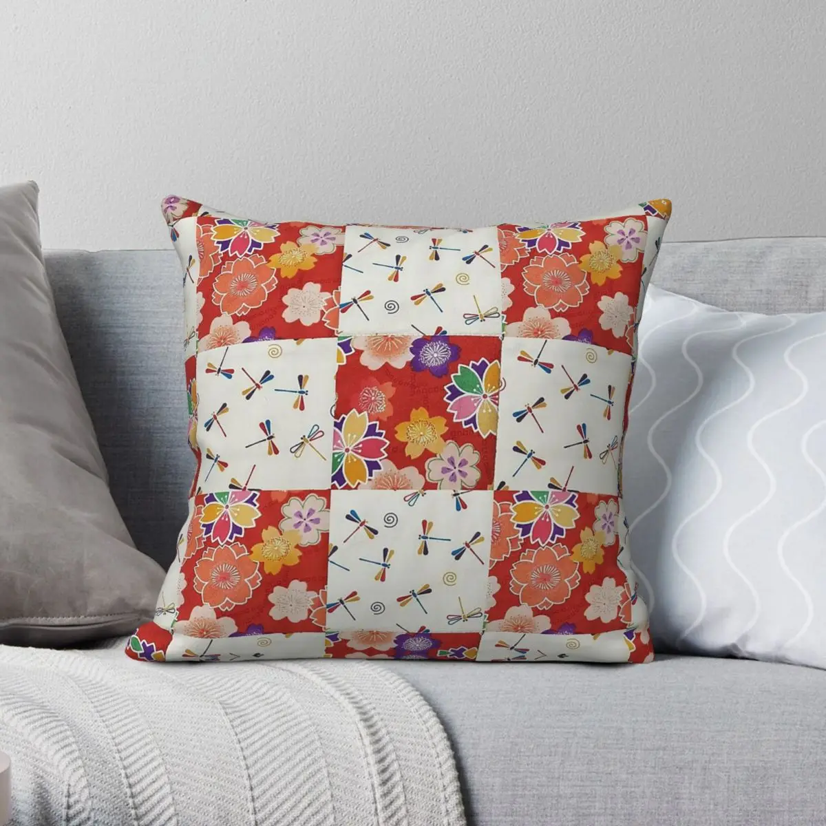 Japanese Flowers And Dragonflies Square Pillowcase Polyester Linen Velvet Pattern Zip Decor Room Cushion Cover 18