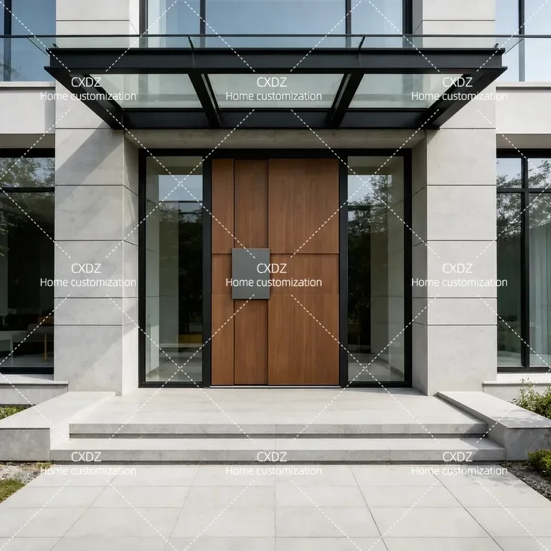 Modern Wood Grain Glass Villa Entrance Door Cast Aluminum Double Security Door for Rural Self Built House Main Entryway