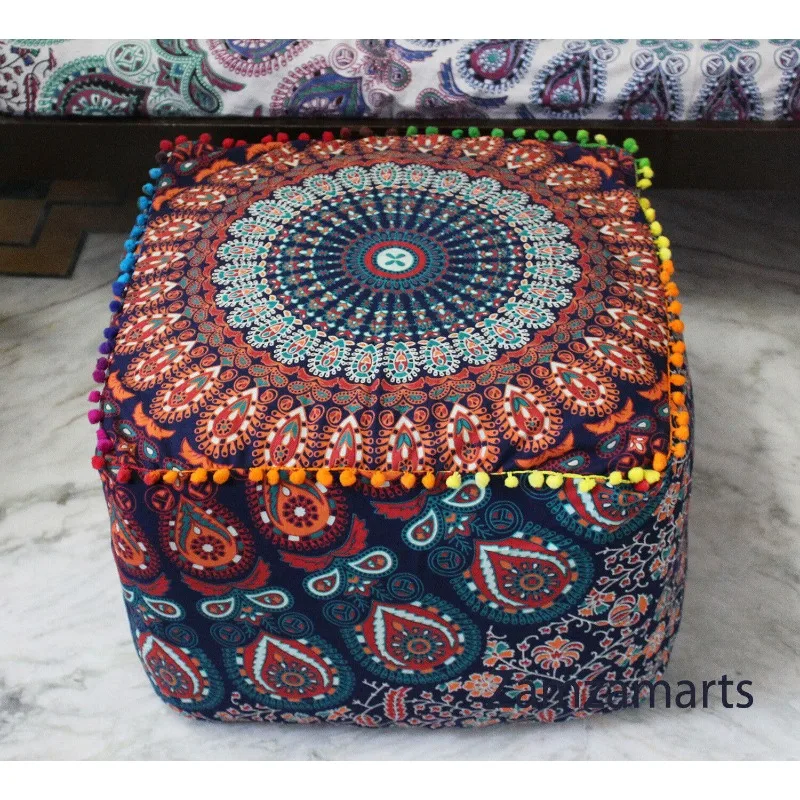 

Square Ottoman Pouf Cover 16x16x16" Indian Multi Peacock Style Footstool Covers