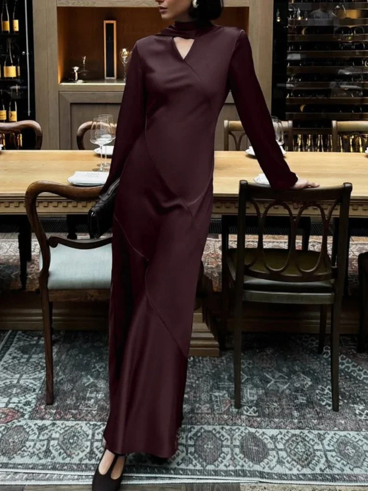 

Elegant V-Neck Scarf-Neck Dress For Women Long Sleeves Slim Patchwork Party Dress Evening Female Fashion Maxi Dress 2025