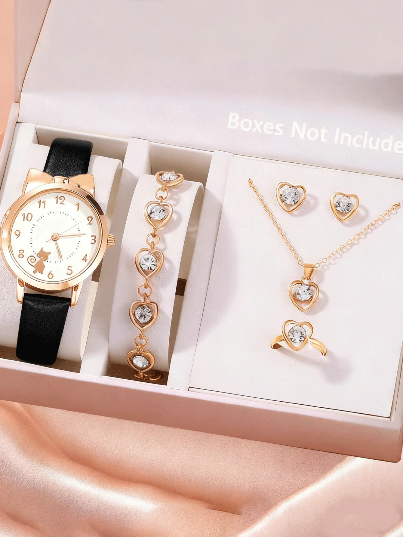 

6-piece set of kitten pattern women's fashion watch with small scale, student minimalist quartz set, wind watch