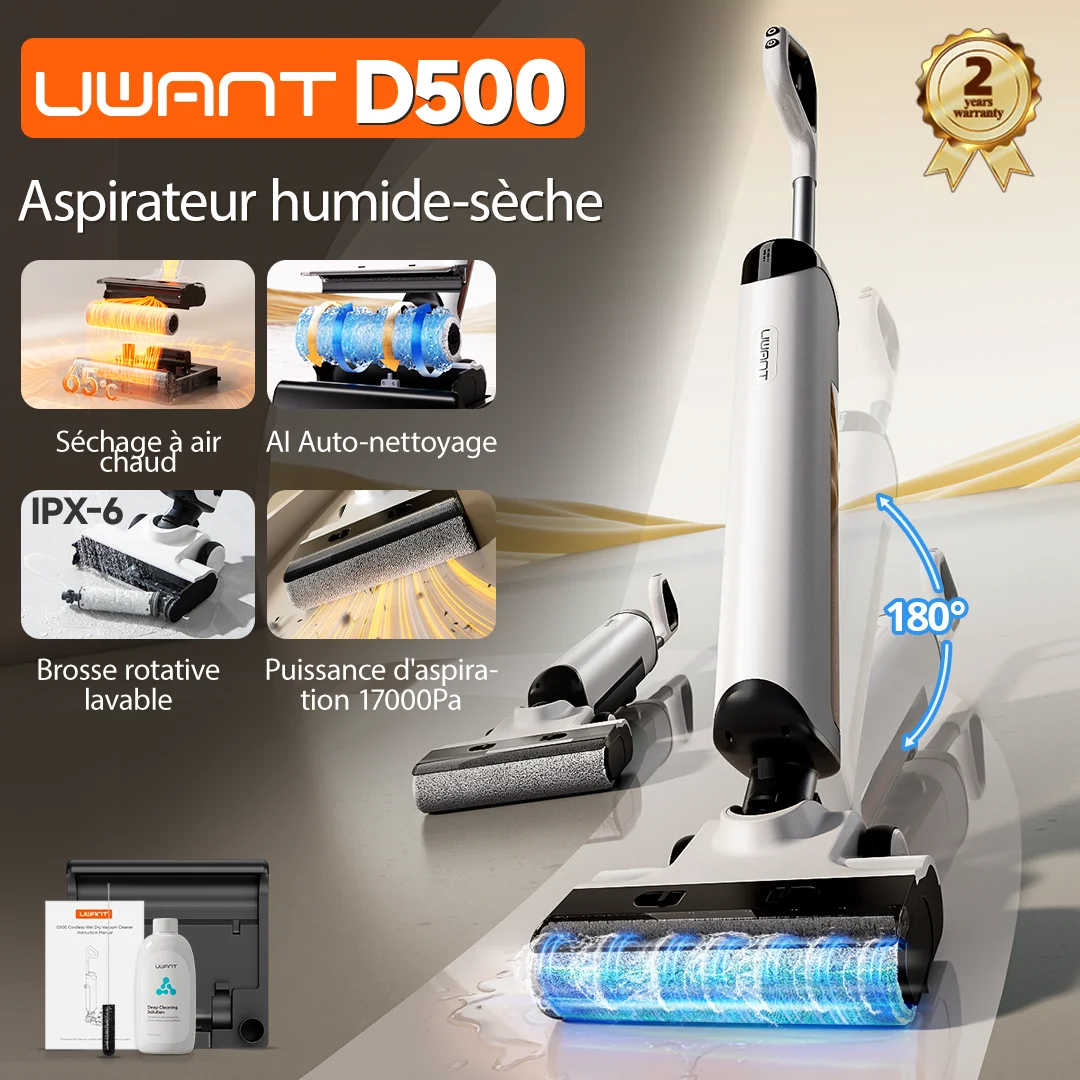 Aspirateur sec et humide UWANT D500, aspiration 17000Pa 180 ° Vadrouille plate sans fil AI autonettoyante 65 ° C Séchage du bord triple face