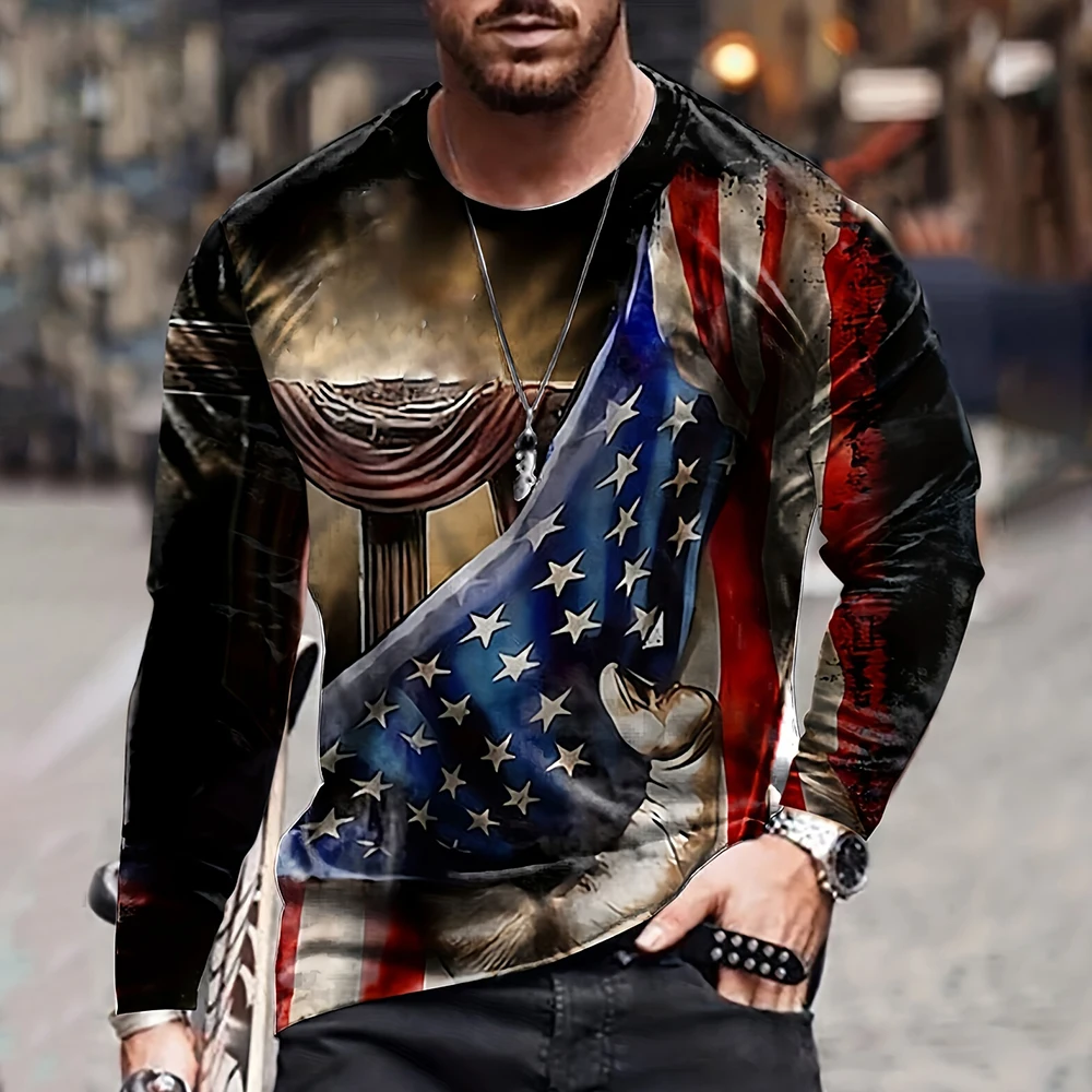 

Mens T Shirt Casual Long Sleeve New Autumn War Flag Print Mens Old Mens Oversized Combat Rush Jacket Street Rag Fashion Clothing