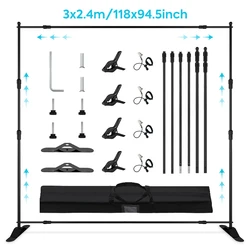 3x2.4m Photography Background Stand,Adjustable Heavy Duty Banner Telescopic Tube Backdrop Stand For Photos Wedding Display Booth