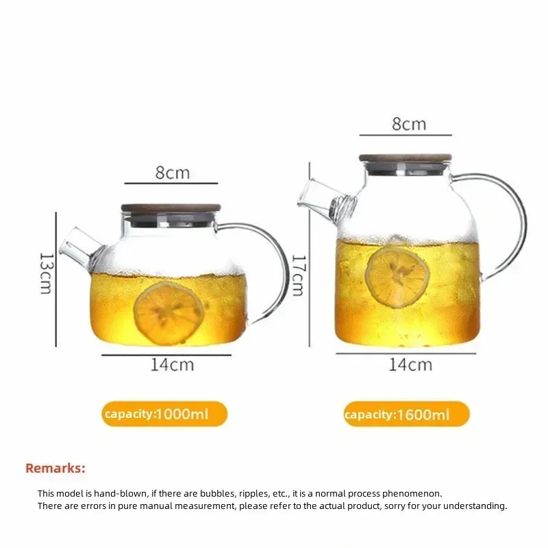 1/1.6L Transparent Borosilicate Glass Teapot Heat-Resistant Large Clear Kettle Bamboo Cover Teaware Kitchen Home Glass Water Jug