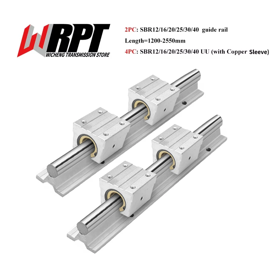 2PC Linear Guide SBR12 16 20 25 30 35 40 With 4PCS SBR12-40UU Copper Sleeve Slider Bearing Mills CNC Parts Length 1200-2500mm