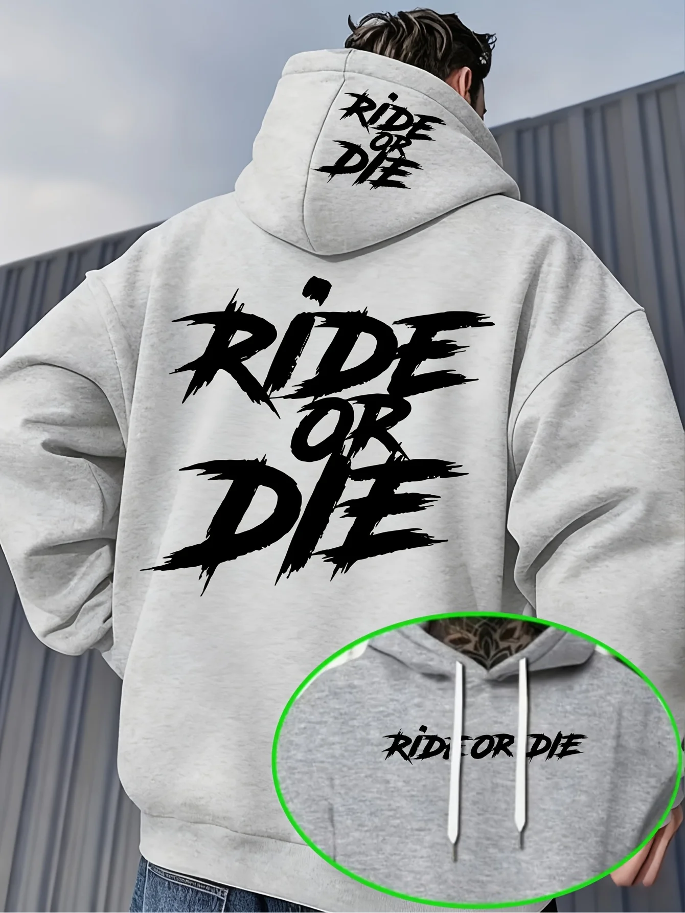 Herren Ride or Die Sport-Hoodie, Schwarzer Graffiti-Schriftzug, Beiger Oversized Pullover, Streetwear-Sweatshirt für Frühling und Herbst – Detail 6