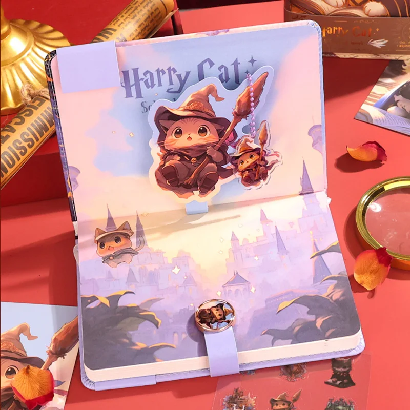 Cartoon Harry Cat Notebook Full Color Page Cute Illustration Magnetic Buckle Soft Leather Diary Student Notepad