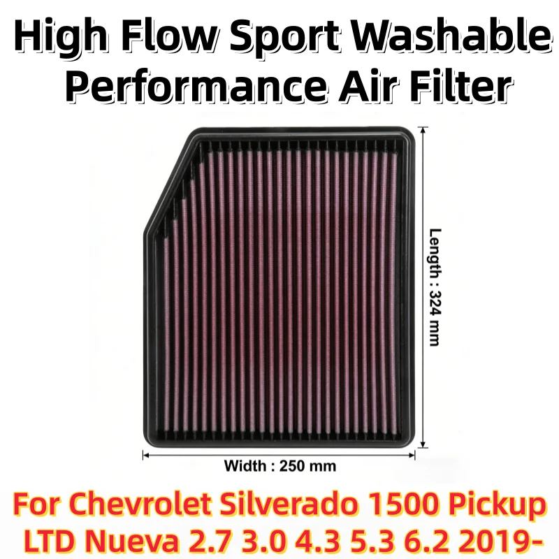 

For Chevrolet Silverado 1500 Pickup LTD Nueva 2.7 3.0 4.3 5.3 6.2 2019- High Flow Sport Washable Performance Air Filter 33-5083