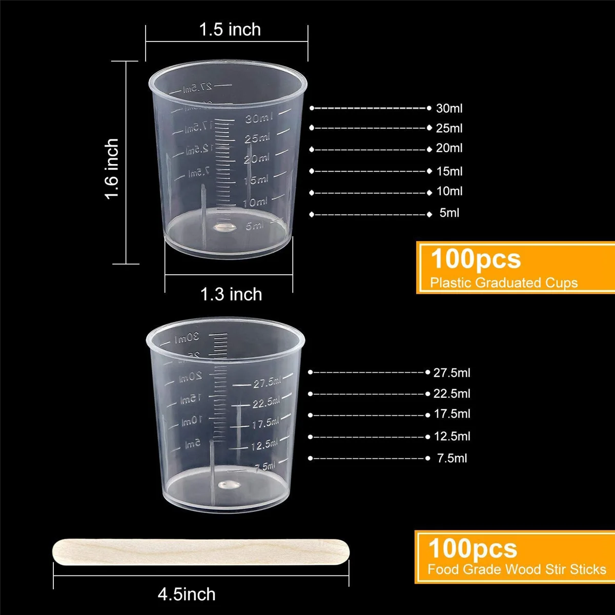 Confezione da 100 tazze graduate in plastica da 30Ml/2 once tazze in scala trasparente tazze di miscelazione epossidiche trasparenti con bastoncini di agitazione da 100 pezzi