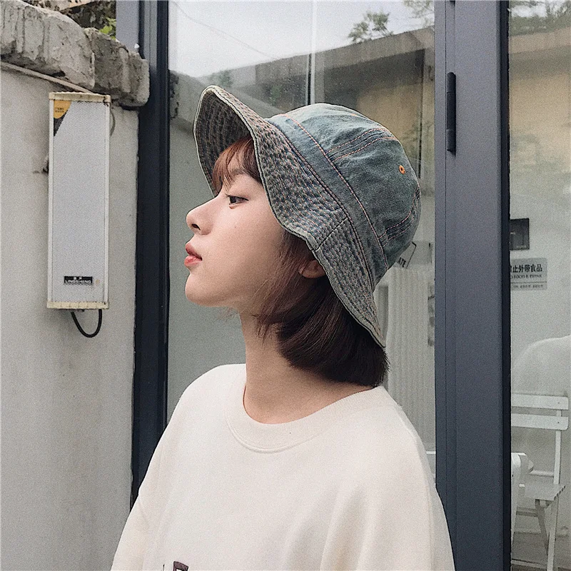 Japanese Harajuku Bucket Hats Women Summer Sunshade Retro Denim Basin Caps Showing Face Little Girl Literary Panama Sun Hat Men