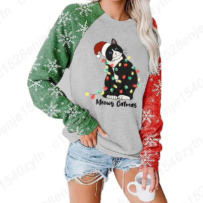 S-XXL Plus Size Tops Autumn And Winter Clothes Women Pullover Christmas Light Cat Meowy Catmas Print Ladies Pullover Sweatshirts