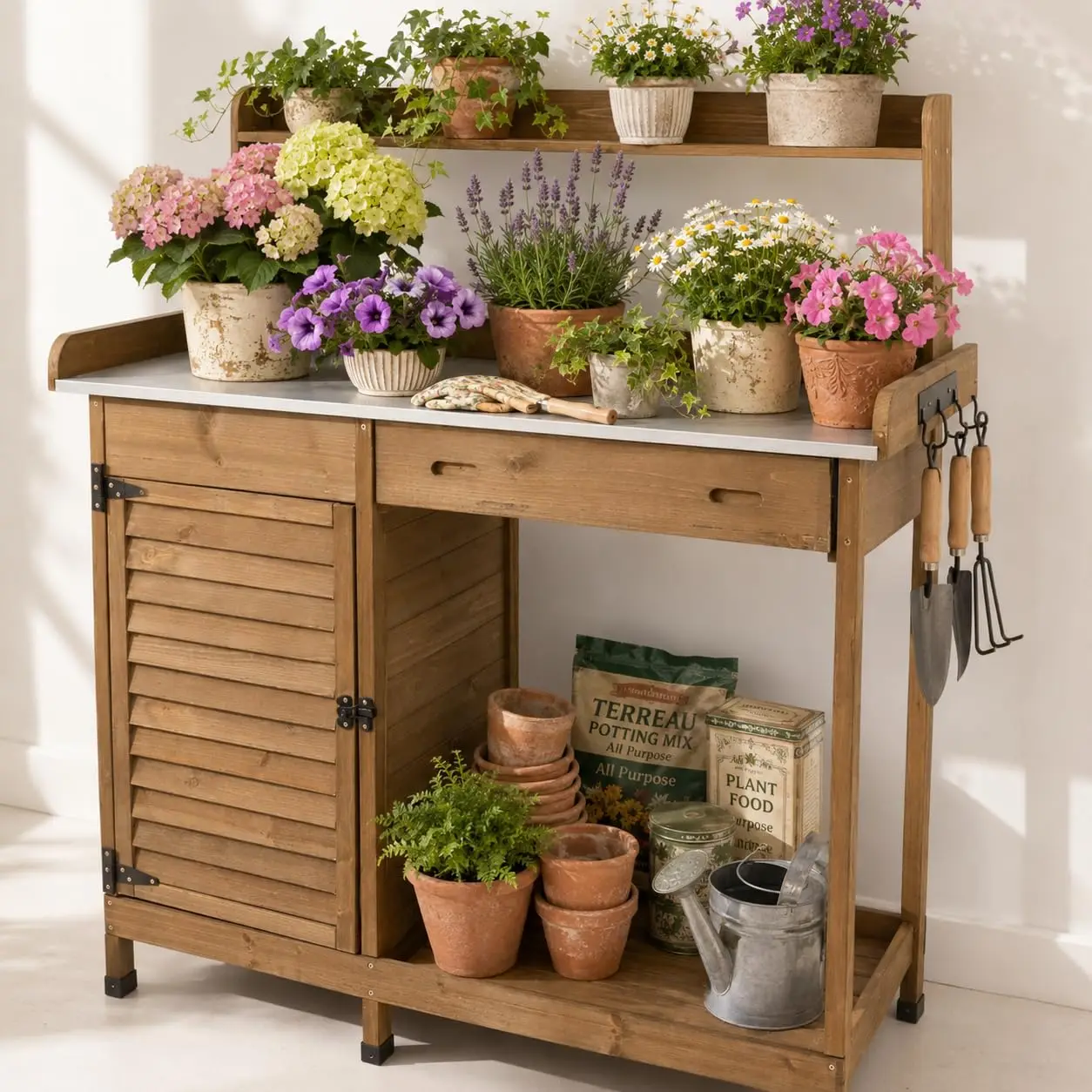 Potting Bench Table Work Bench with Storage Cabinet Outdoor Wooden Garden Workstation with Metal, Customized