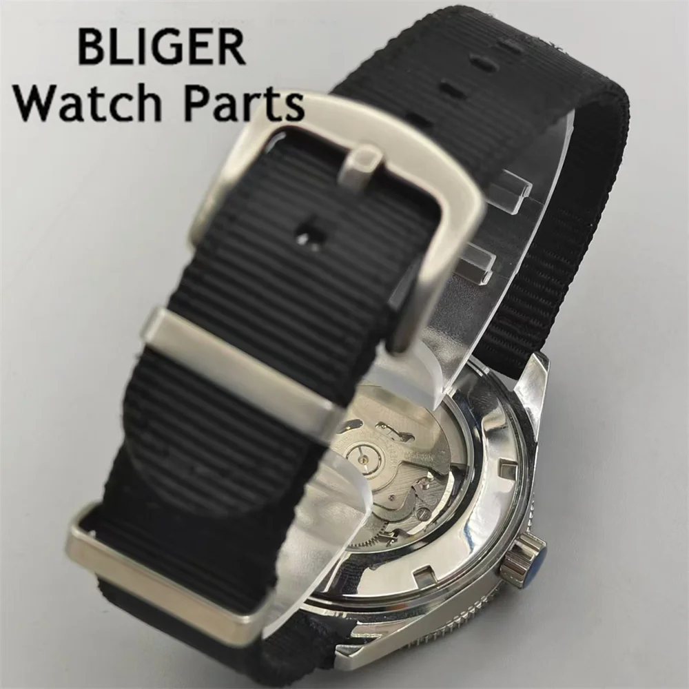 BLIGER 41.5mm NH38 Men\'s Mechanical Automatic Watch Skeleton Dial Green Luminous Domed Sapphire Crystal Nylon/Rubber Strap