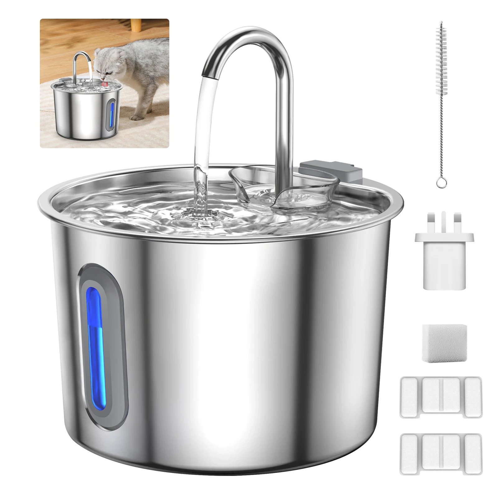 Fontaine d'eau automatique pour chat, distributeur d'eau pour chien en acier inoxydable, 2.2 L, Ultra silencieux, avec fenêtre de niveau d'eau