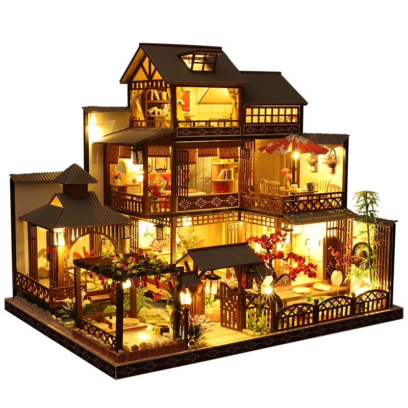 

DIY Wooden Miniature Model Kit Japanese Casa 3D Puzzle Dollhouse With Furniture Lights Big Villa Home Decor for Friends Gifts