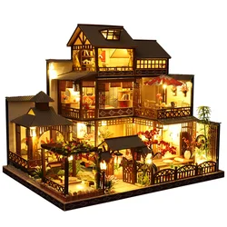 DIY Wooden Miniature Model Kit Japanese Casa 3D Puzzle Dollhouse With Furniture Lights Big Villa Home Decor for Friends Gifts