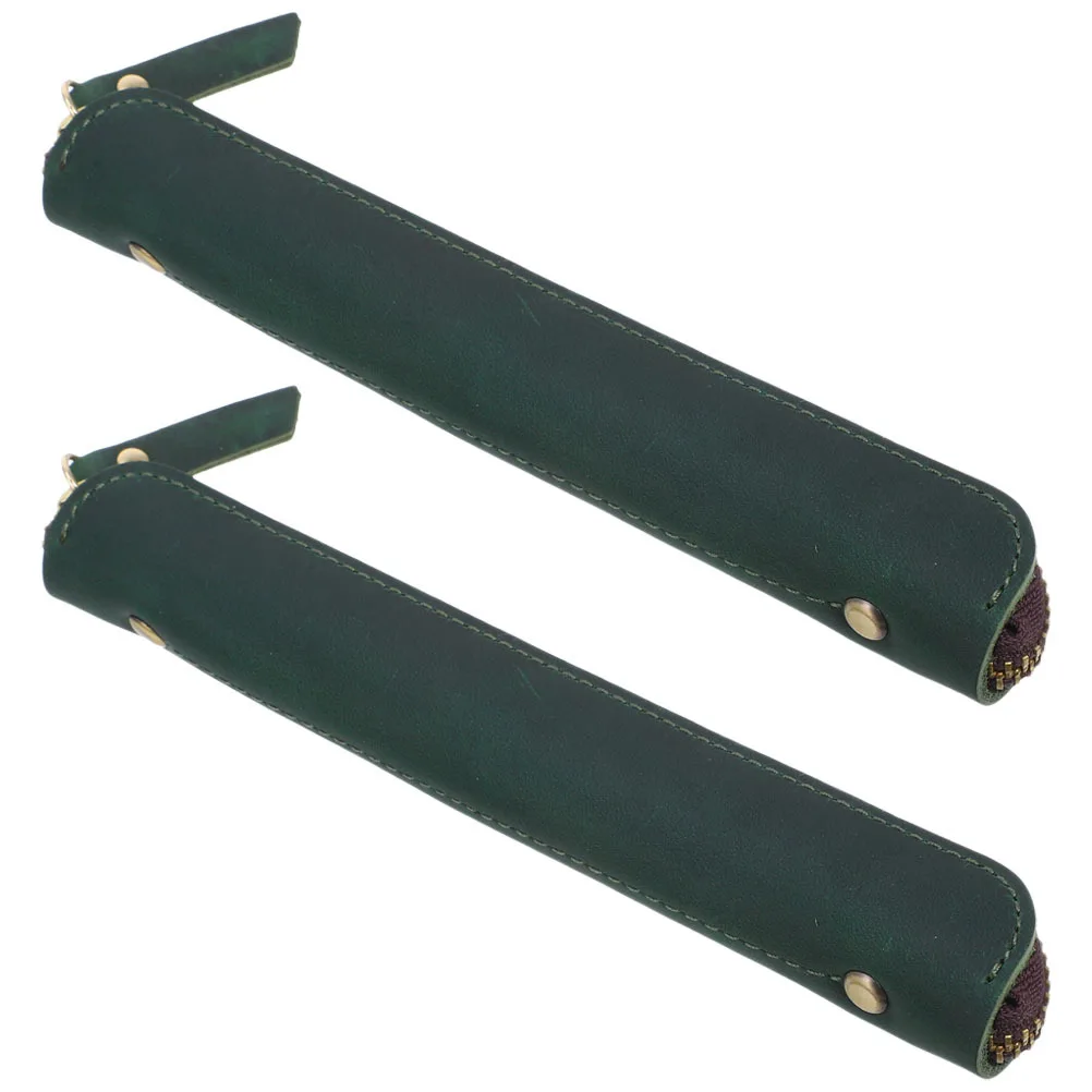 

2 Pcs Vintage Pencil Case Bag Simple Pouch Dark Green Zipper Holder Travel