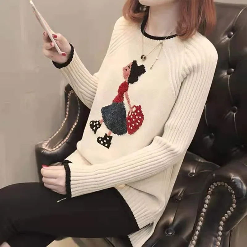 2023 Autumn and Winter Women's Pullover Round Neck Solid Embroidery Cartoon Long Sleeve Thicken Sweater Loose Fashion Sweet Tops