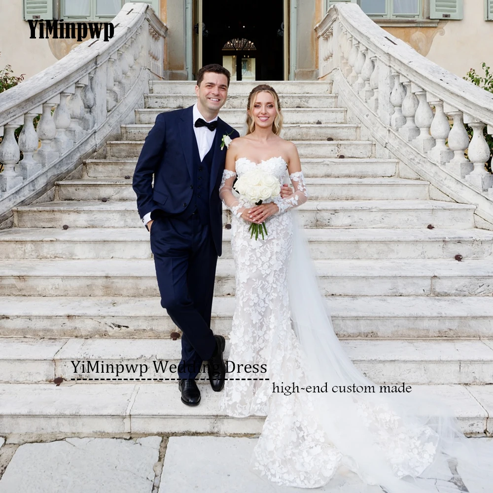 فساتين زفاف دانتيل 2025 فاخرة على شكل قلب حورية البحر مزينة بأكمام قابلة للانفصال الوهم الخلفي فساتين العروس الأنيقة حسب الطلب